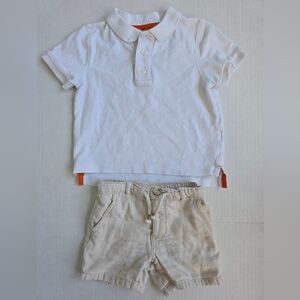 Boys 2T Summer Outfit White Boden Polo Tan Linen Shorts